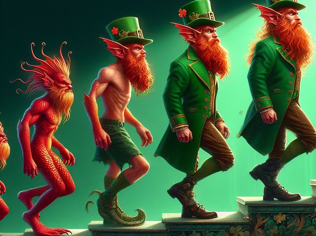 evolution of leprechaun from red watery sprite to green-clad fairy