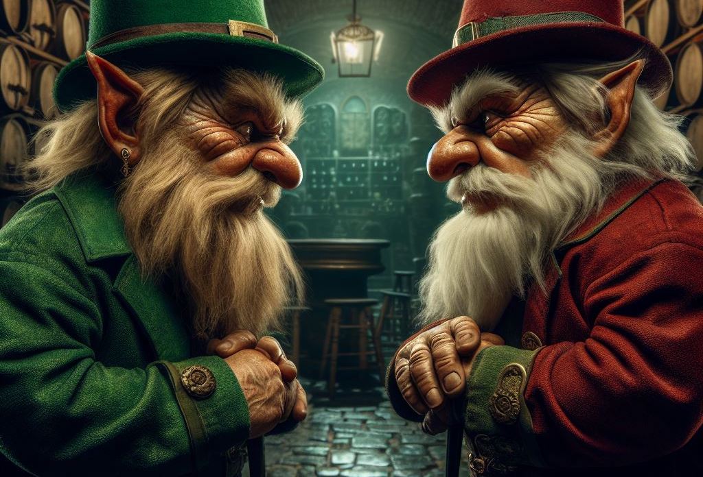 a pair of leprechauns facing off, one in red, one in green